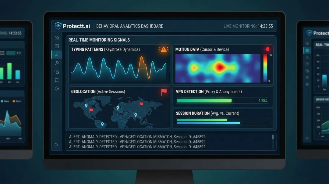 Protectt.ai behavioral analytics dashboard monitoring real-time user signals for ATO detection