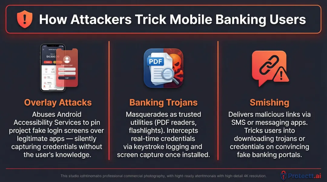 Three mobile banking phishing attack types overlay trojans and smishing explained