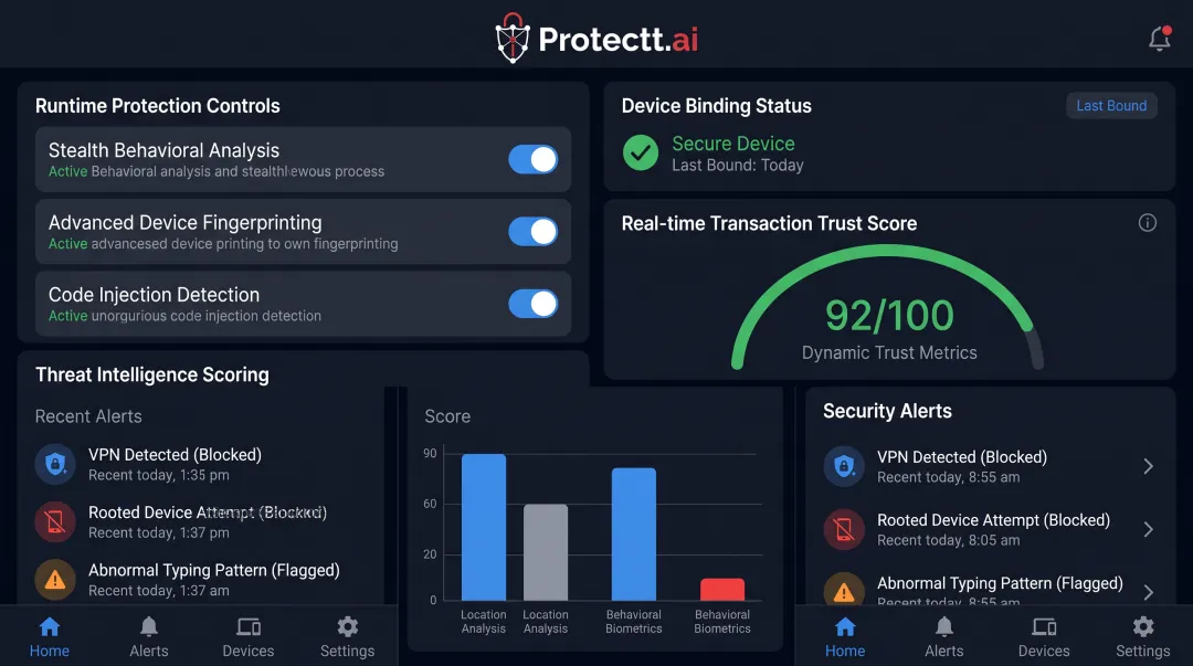 Mobile app security platform dashboard showing RASP and threat intelligence controls