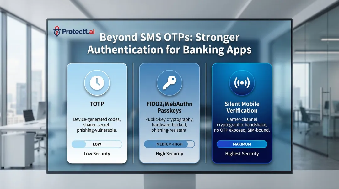 Three MFA authentication methods comparison TOTP FIDO2 and silent mobile verification