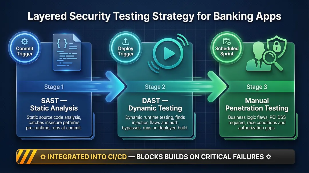 Three-layer security testing strategy SAST DAST and manual penetration testing pipeline integration