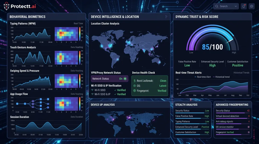 Protectt.ai adaptive threat intelligence dashboard showing behavioral biometrics monitoring