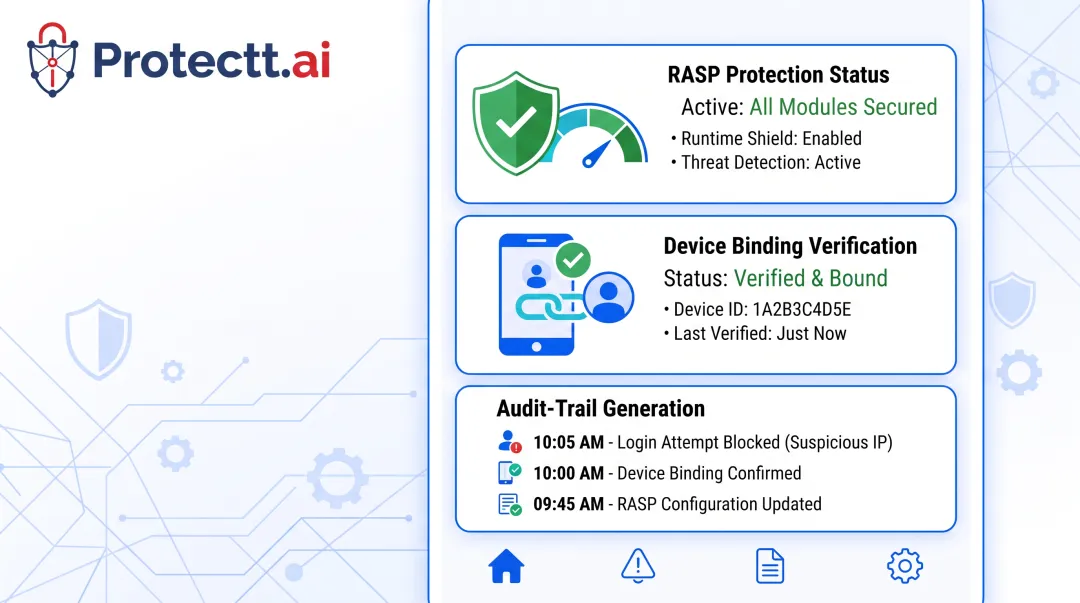 Protectt.ai mobile app security platform dashboard showing runtime protection features