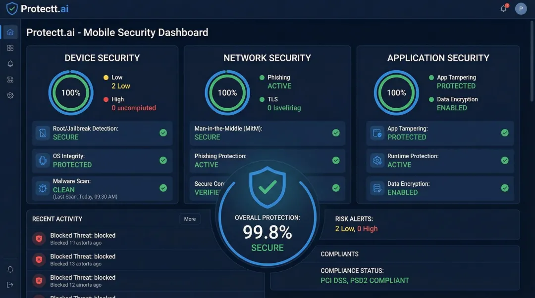 Protectt.ai mobile security platform dashboard showing RASP protection layers for banking apps