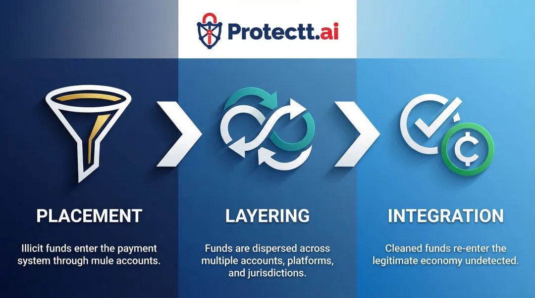 Three-stage money laundering process placement layering integration flow diagram