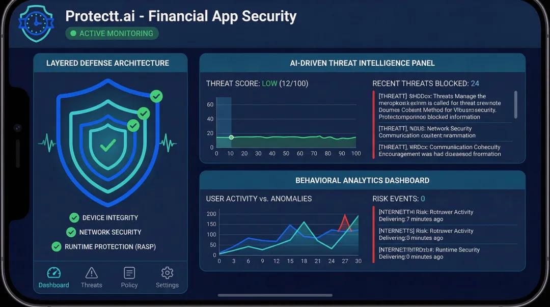 Protectt.ai mobile security platform dashboard displaying real-time threat intelligence and RASP protection layers