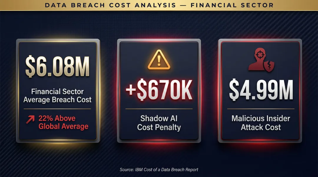 Financial sector AI breach cost comparison showing 6.08 million average versus global benchmark