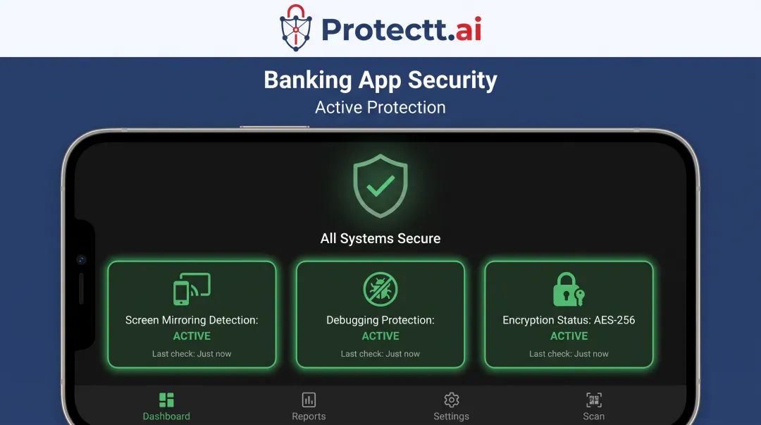 Mobile banking app runtime protection dashboard showing security detection features