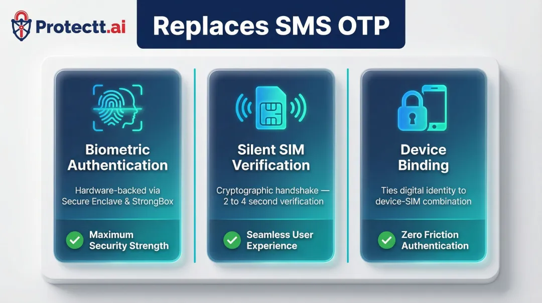 Three modern fintech authentication methods replacing SMS OTP comparison infographic