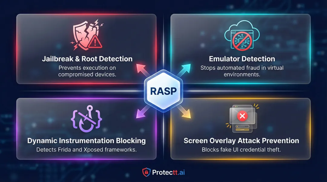 RASP runtime threat detection capabilities for fintech apps four-category breakdown