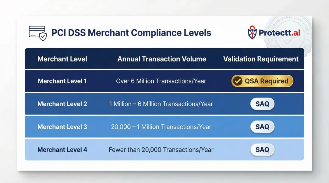 PCI DSS merchant compliance levels by annual transaction volume and validation requirements