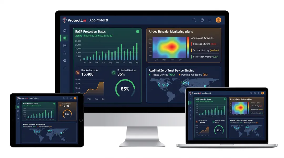 AppProtectt mobile security platform dashboard showing RASP and behavior monitoring