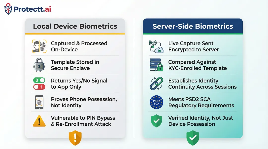 Local device biometrics versus server-side biometrics identity assurance comparison for banking