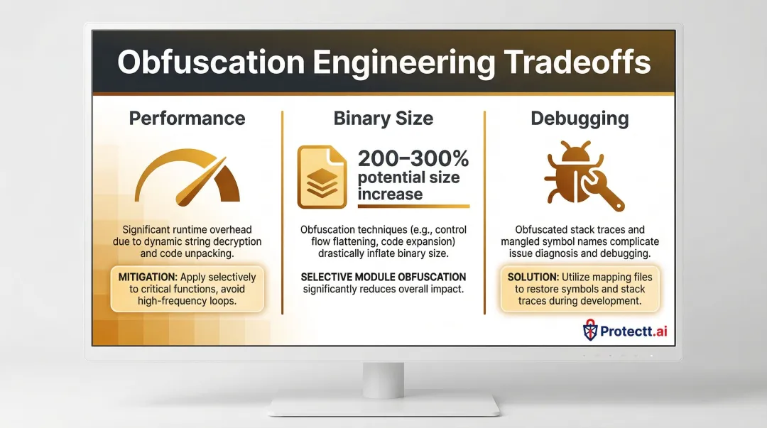 Code obfuscation practical tradeoffs performance binary size and debugging impact comparison