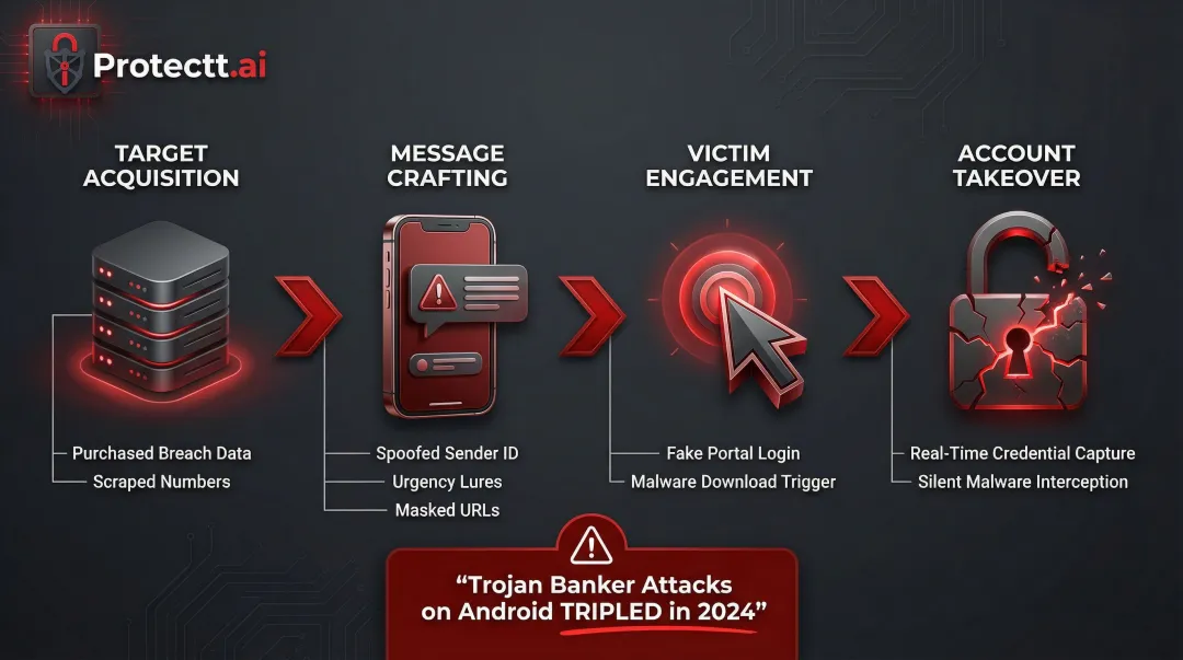 Smishing attack sequence from target acquisition to account takeover step-by-step flow