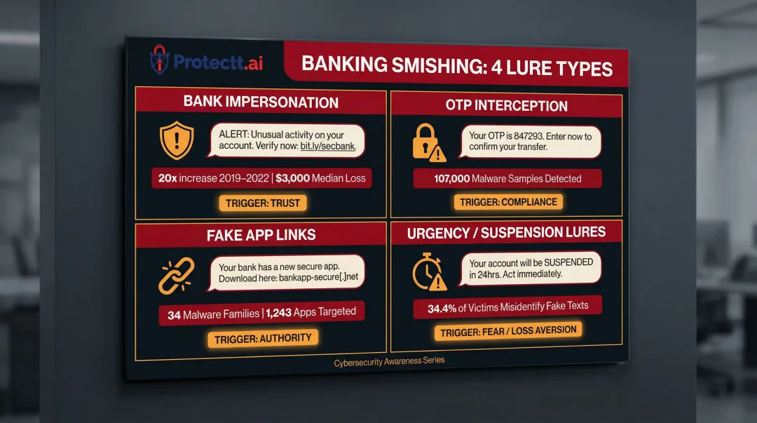 Four banking smishing attack types with psychological tactics and victim impact statistics