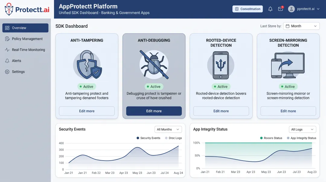 AppProtectt SDK dashboard showing security feature categories for banking apps