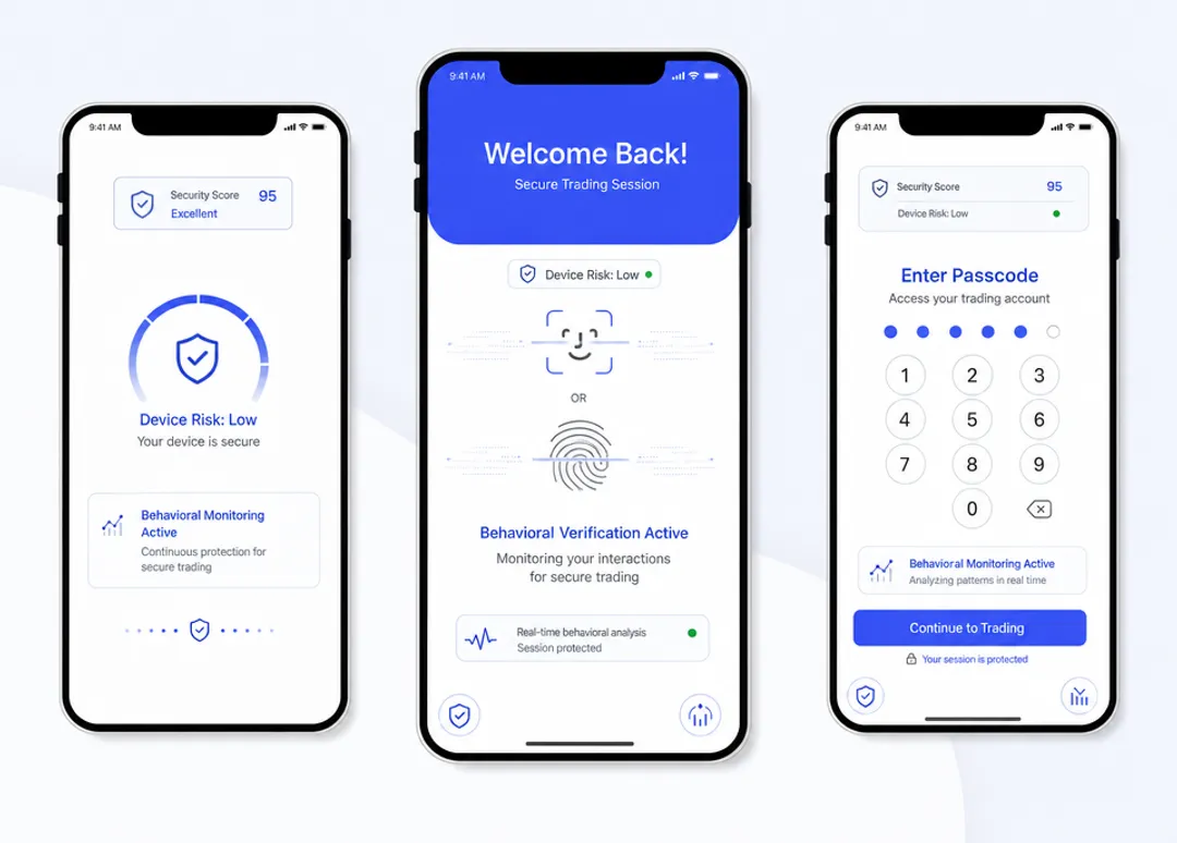 Mobile trading app security interface showing behavioral biometrics protection