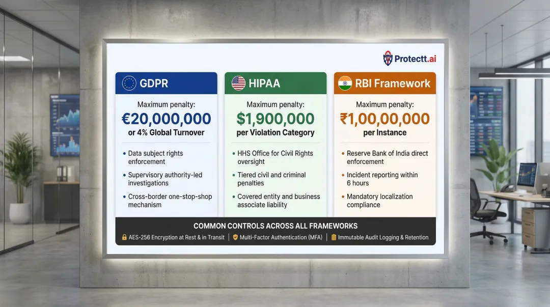GDPR HIPAA and RBI regulatory framework penalties and enforcement model comparison chart