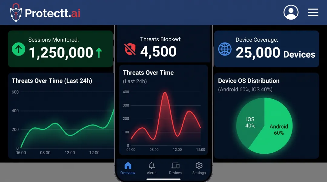 Protectt.ai mobile app security platform dashboard showing threat monitoring metrics