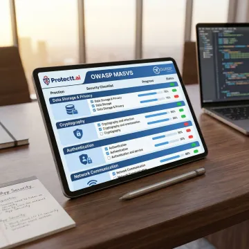 Mobile banking app security assessment checklist aligned with OWASP MASVS categories displayed on a tablet