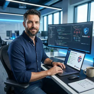 Banking app developer reviewing OWASP Mobile Top 10 security checklist on a laptop