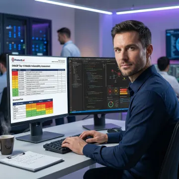 Security professional analyzing OWASP mobile vulnerabilities on a banking application dashboard