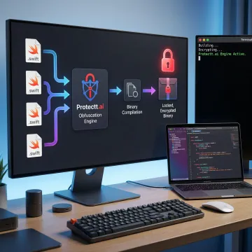 iOS app security workflow showing code obfuscation steps on a developer workstation