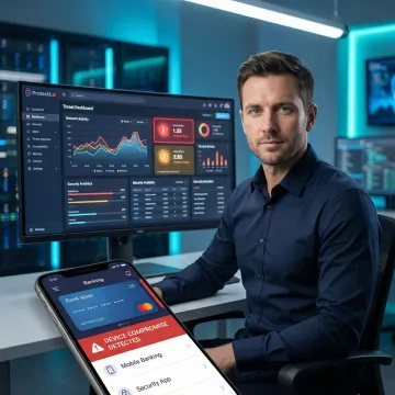 Security engineer monitoring jailbreak and root detection dashboard for a mobile banking application