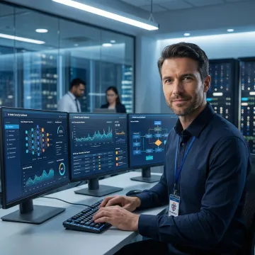 Security engineer reviewing AI threat defense process on a multi-screen workstation