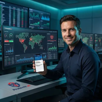 Cybersecurity professional monitoring spoof text attack prevention dashboard on a mobile banking platform