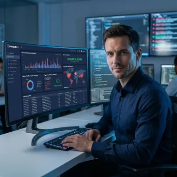 Security engineer monitoring SMS spoofing threats on a financial platform dashboard