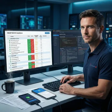 Security engineer conducting OWASP MASVS mobile app penetration testing for a BFSI client