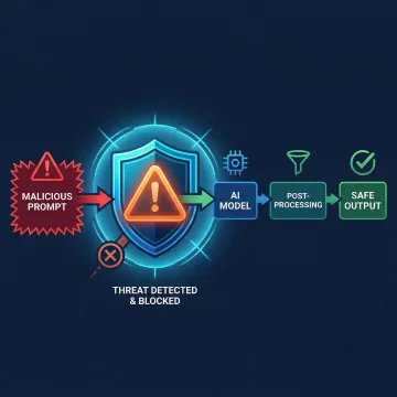 Diagram illustrating prompt injection attack detection and neutralization in an LLM application pipeline.