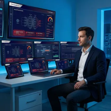 Security analyst monitoring an AI system dashboard for prompt injection threats in a modern operations center.