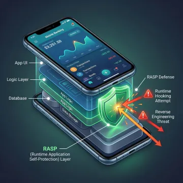 Runtime self-protection actively monitoring and blocking threats inside a mobile banking app