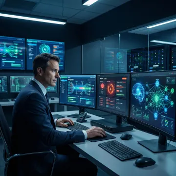 Cybersecurity engineer monitoring an agentic AI pipeline dashboard for runtime threats