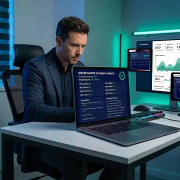 Security analyst reviewing OWASP MASVS compliance test results for a mobile banking application on a laptop