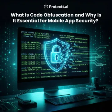 Hacker attempting to decompile a mobile app on a laptop screen with security shield blocking the process
