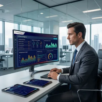 AI security specialist monitoring LLM and mobile AI threat dashboard in a BFSI environment