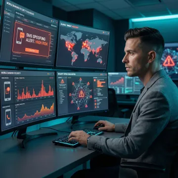 Security professional monitoring SMS spoofing threats on a mobile banking dashboard