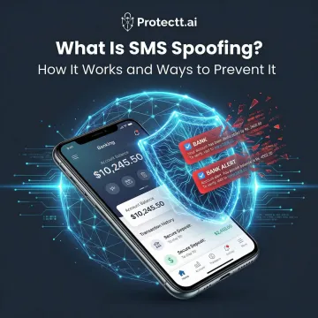 Protectt.ai mobile security platform blocking an SMS spoofing attack on a banking app