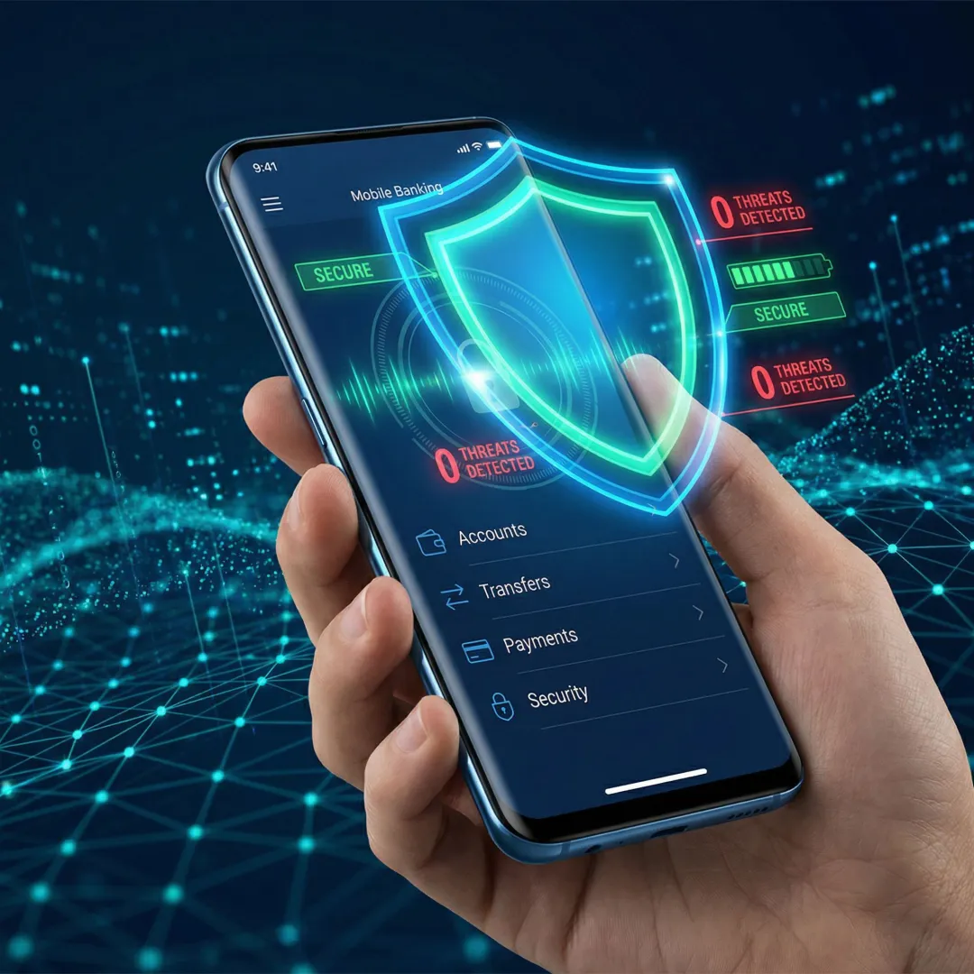 Mobile banking app protected by runtime security with active threat detection indicators