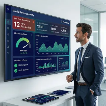 Mobile banking app security platform dashboard showing real-time threat monitoring and compliance status
