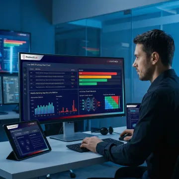 Security analyst monitoring real-time smishing threat dashboard for mobile banking app protection