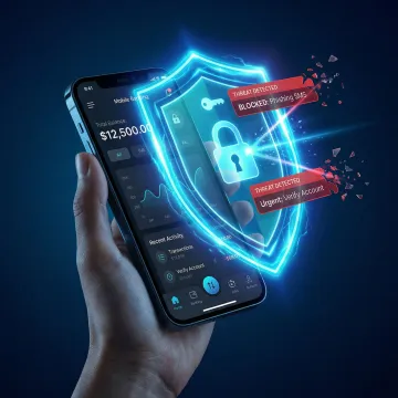 Mobile banking app protected by real-time smishing threat detection and AI-powered security shield