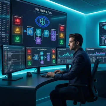 Enterprise AI security engineer monitoring LLM prompt injection threats on a security dashboard