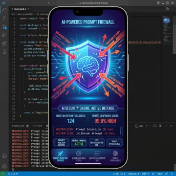 AI-integrated mobile application security shield blocking prompt injection attacks