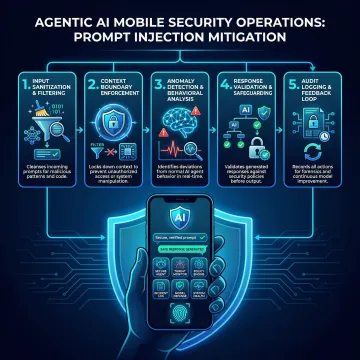 Five-step agentic AI prompt injection mitigation workflow displayed on a security operations dashboard