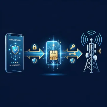 Diagram showing silent mobile verification flow between a banking app, SIM card, and mobile network operator